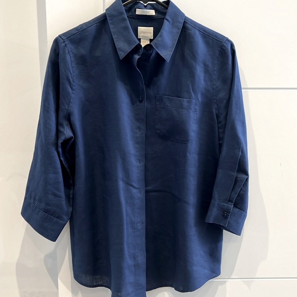 Chico’s Navy Blue, No Iron, 3/4 sleeve, Linen Blouse